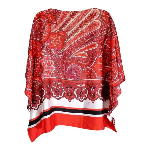 Ralph Lauren Scarf Top Tunic Poncho Kimono Red Multi Women's Small - Picture 2 of 5